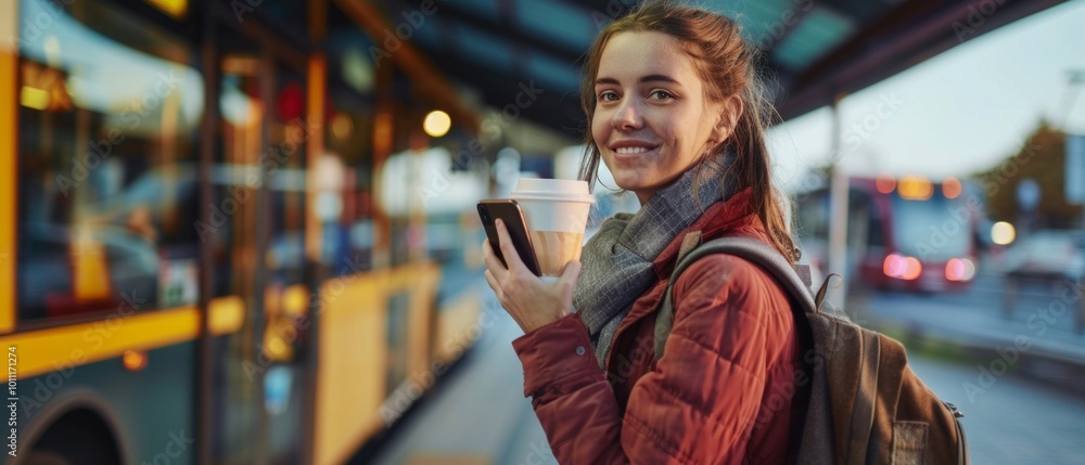 Young woman in urban setting, smiling with coffee cup and phone. Clad in red coat, grey scarf, and backpack. Bus in background hints at transit location. Young woman in urban setting, smiling with coffee cup and phone. Clad in red coat, grey scarf, and backpack. Bus in background hints at transit location.