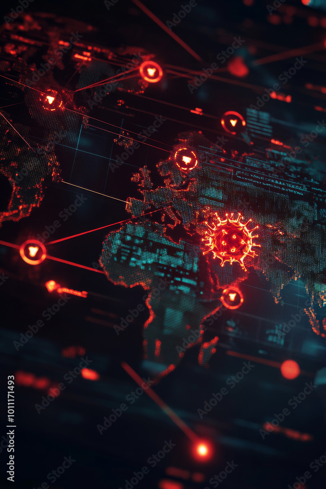 Obraz premium The visual illustrates a world map adorned with glowing red dots, symbolizing various global connections and data points. It emphasizes a modern, digital representation of our interconnected world.