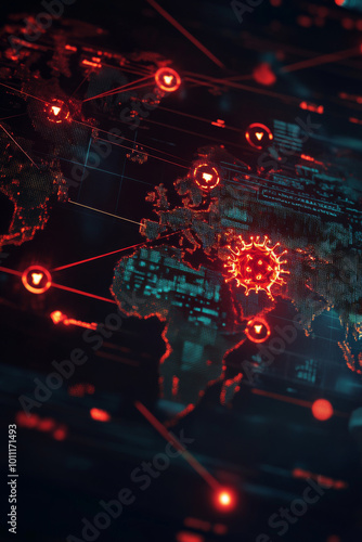 Wallpaper Mural The visual illustrates a world map adorned with glowing red dots, symbolizing various global connections and data points. It emphasizes a modern, digital representation of our interconnected world. Torontodigital.ca