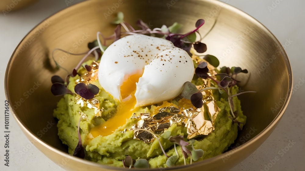 Golden Avocado Smash Bowl, A nutritious bowl with mashed avocado, poached eggs, microgreens, and edible gold leaf for a luxurious touch. Golden Avocado Smash Bowl, A nutritious bowl with mashed avocado, poached eggs, microgreens, and edible gold leaf for a luxurious touch.