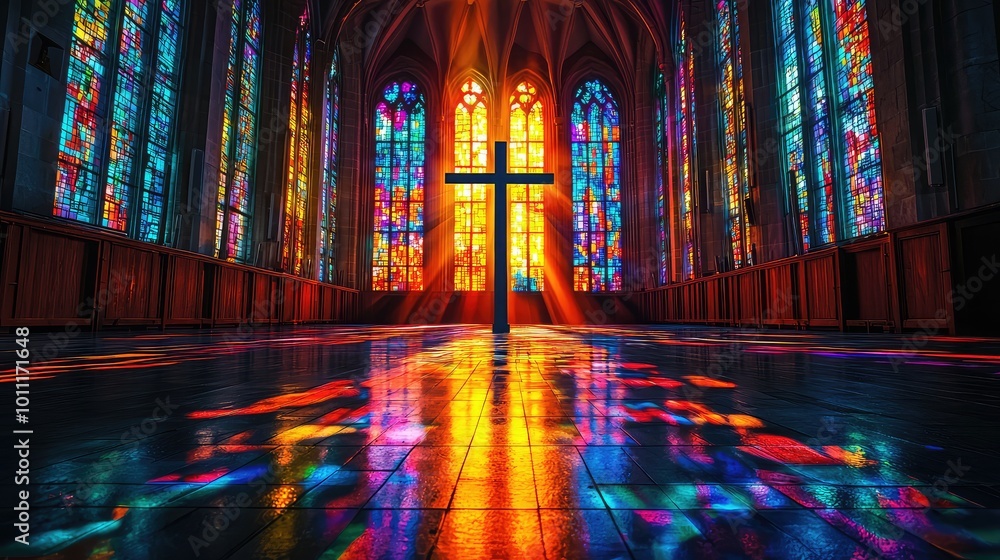 A vibrant stained glass window illuminates a church interior, casting colorful reflections on the floor beneath a powerful cross. A vibrant stained glass window illuminates a church interior, casting colorful reflections on the floor beneath a powerful cross.