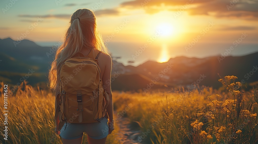 Fototapeta premium young tourist woman traveller with backpack walking in nature active hiker on trail in mountains enjoying sunset banner with copy space