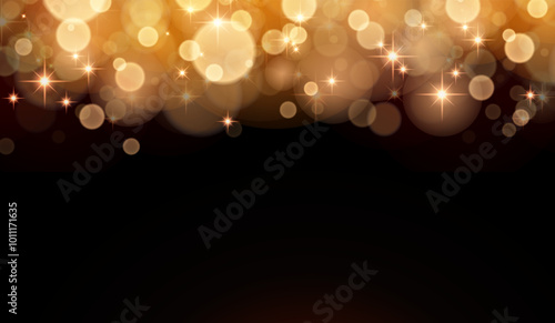 Christmas golden Bokeh lights border background. Golden bokeh with falling sparks and blur effect background. Blured gold lights on black background.Magic xmas light effect design element.Vector