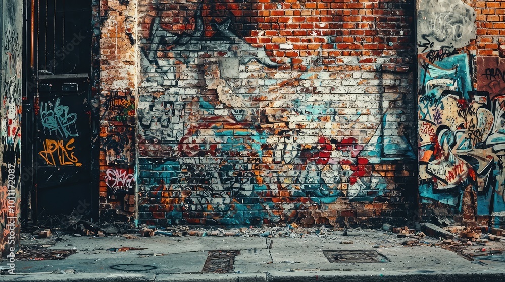 Fototapeta premium A vibrant urban backdrop featuring textured brick and colorful graffiti, showcasing street art culture and creative expression.