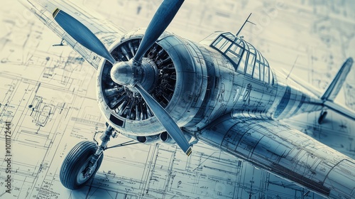 A vintage airplane model showcased against detailed blueprints, representing aviation history and engineering marvels. photo