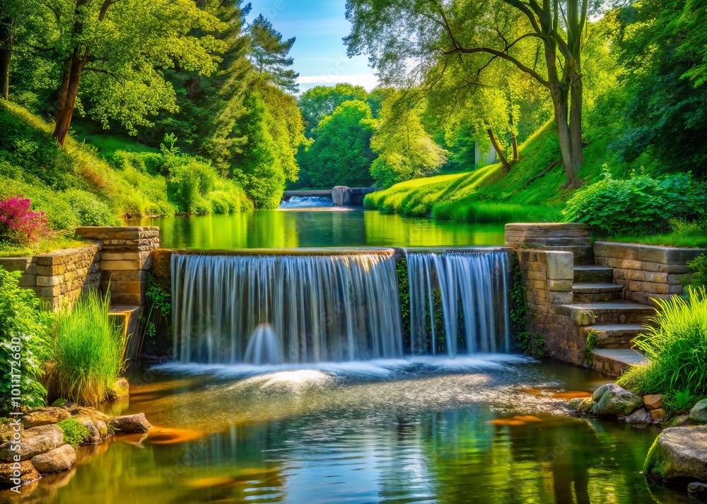 Serene Small Waterfall at River Dam in Tranquil Public Park Surrounded by Lush Greenery and Natural Beauty Serene Small Waterfall at River Dam in Tranquil Public Park Surrounded by Lush Greenery and Natural Beauty