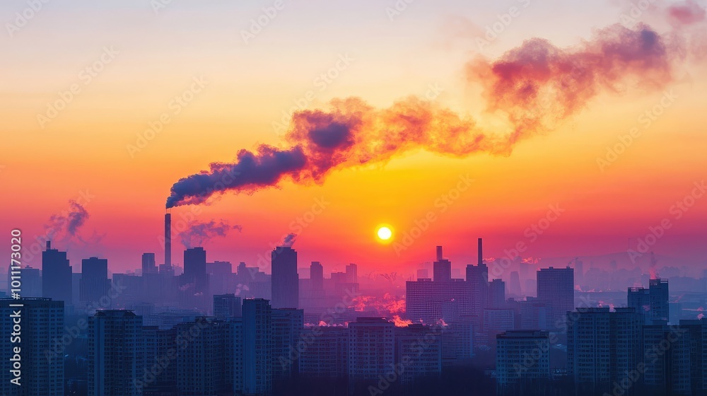 A vivid sunset view over an industrial skyline with smoke billowing from chimneys, illustrating urban pollution and climate change. A vivid sunset view over an industrial skyline with smoke billowing from chimneys, illustrating urban pollution and climate change.