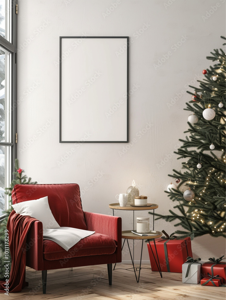 Mockup of a Scandinavian-style room decorated for the New Year. Mockup of a Scandinavian-style room decorated for the New Year.