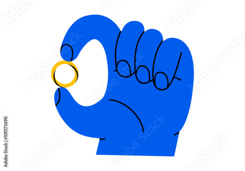 Hand drawn cute cartoon illustration hand holding golden wedding ring. Flat vector engagement ring in arm sticker doodle. Propose and marriage. Valentine's Day and love icon. Vow and promise. Isolated