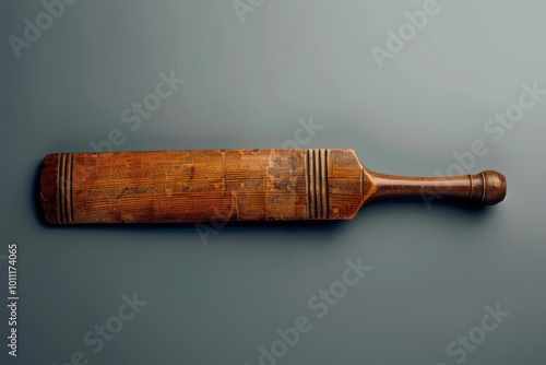 Vintage wooden bat resting on a smooth gray surface photo