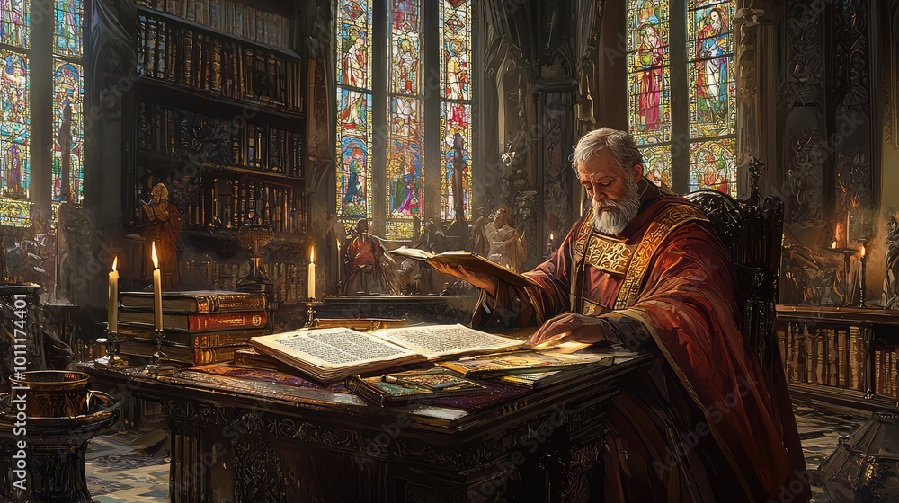 A wise scholar immersed in ancient texts within a grand library, illuminated by colorful stained glass windows. A wise scholar immersed in ancient texts within a grand library, illuminated by colorful stained glass windows.