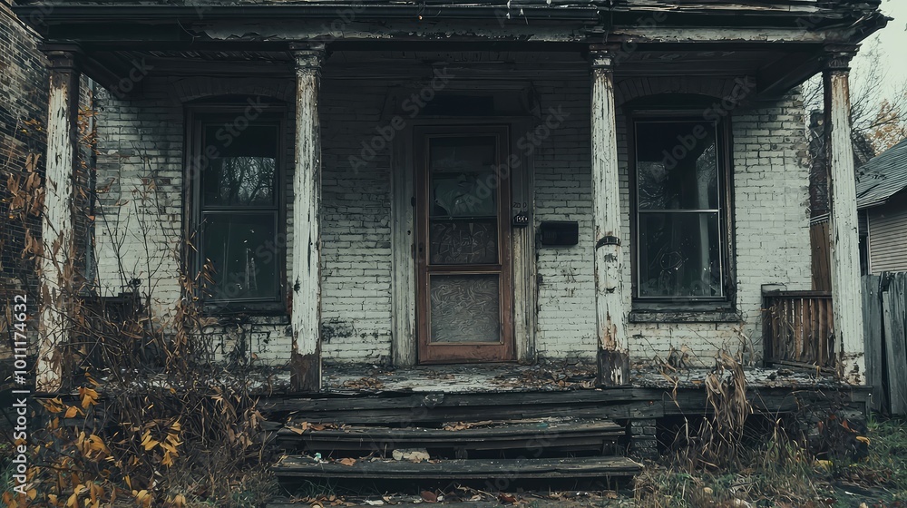 Abandoned house facade with weathered wood and peeling paint, evoking a sense of decay and forgotten times. Abandoned house facade with weathered wood and peeling paint, evoking a sense of decay and forgotten times.