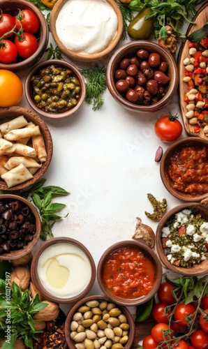 Mediterranean Appetizer Frame with Olives, Dips, and Fresh Vegetables