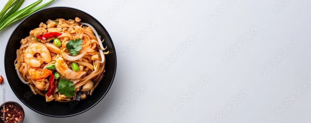 Pad Thai with shrimp served in black bowl on white background Pad Thai with shrimp served in black bowl on white background