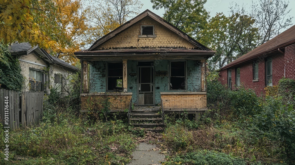 An abandoned house surrounded by overgrown vegetation, showcasing a rustic charm and a sense of neglect in an urban landscape. An abandoned house surrounded by overgrown vegetation, showcasing a rustic charm and a sense of neglect in an urban landscape.