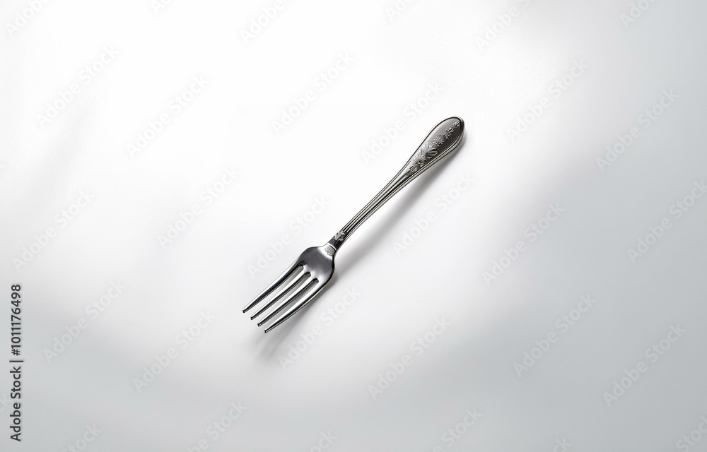 A silver fork with ornate details lies on a white surface. A silver fork with ornate details lies on a white surface.