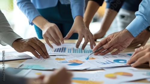 Business team brainstorming and sharing strategies during a meeting. The close-up of hands and documents highlights the collaborative effort in analyzing and organizing data.