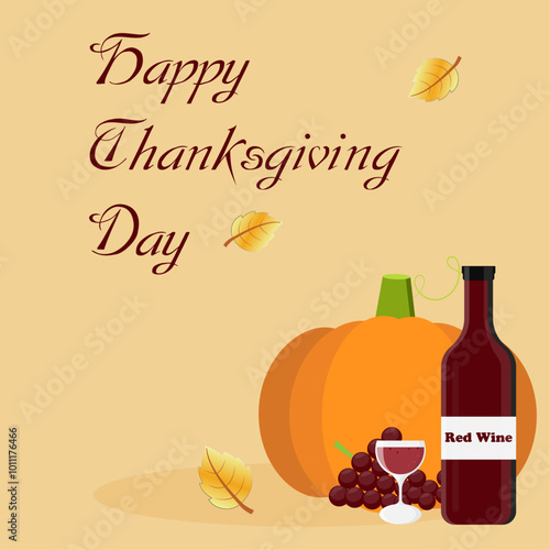 Thanksgiving banner with wine, grape and pumpkin