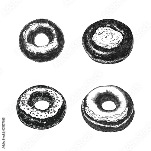 Set of doughnuts with various toppings, hand-drawn illustration