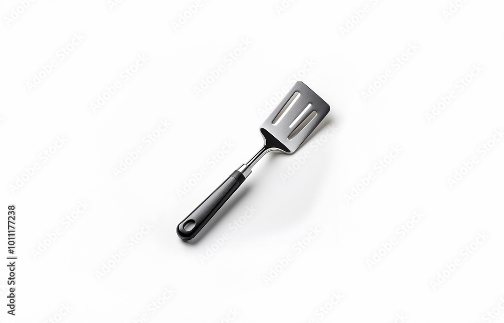 A metal spatula with a black handle lies on a white surface. A metal spatula with a black handle lies on a white surface.