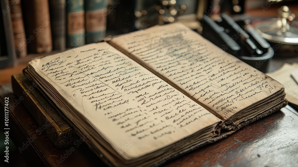 Obraz premium An antique book with handwritten text, resting on a wooden desk beside old books and stationery, perfect for vintage themes.