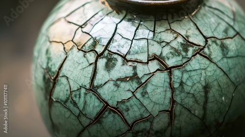 An artisan vase showcasing a beautiful cracked glaze, highlighting intricate textures and soft hues of turquoise. photo