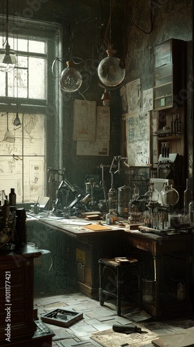 An atmospheric workshop with vintage tools, glassware, and scattered papers, capturing the essence of creativity and exploration. photo