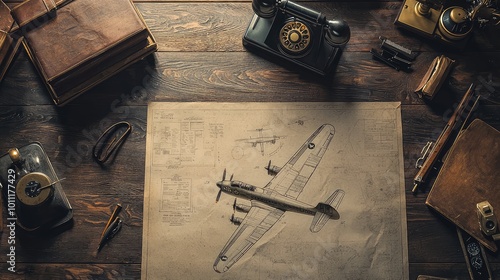 An artistic composition showcasing vintage tools, an aircraft blueprint, and a nostalgic camera on a rustic wooden table. photo