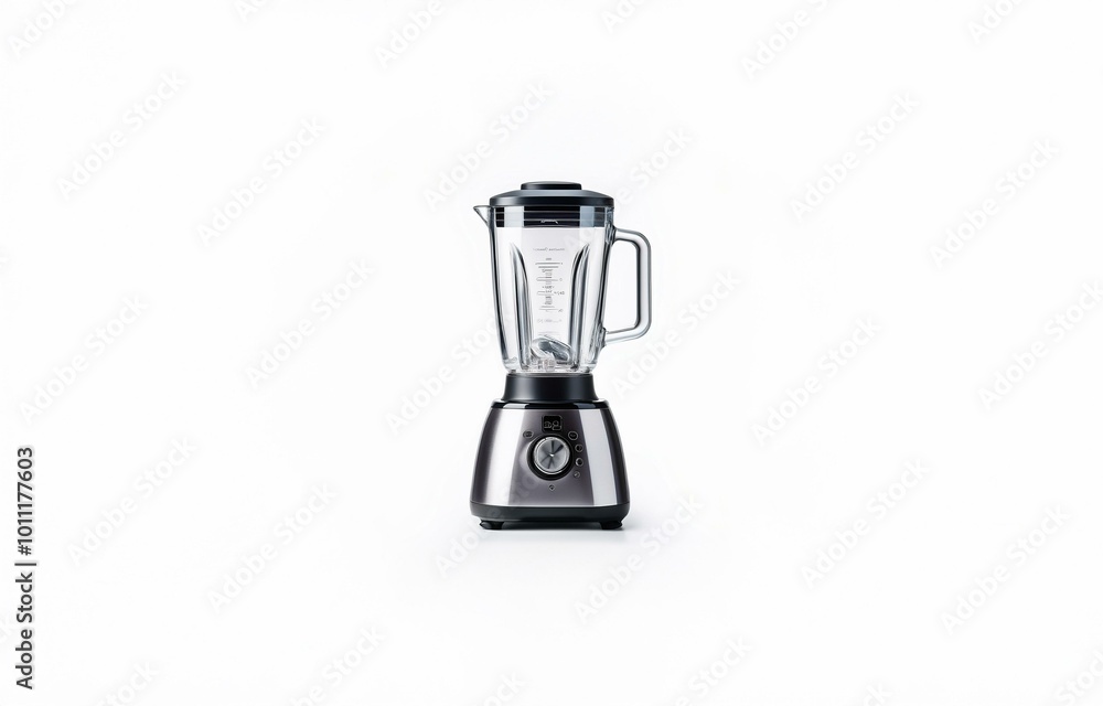 A modern blender with a stainless steel body and a glass jar with a measurement scale sits on a white surface. A modern blender with a stainless steel body and a glass jar with a measurement scale sits on a white surface.