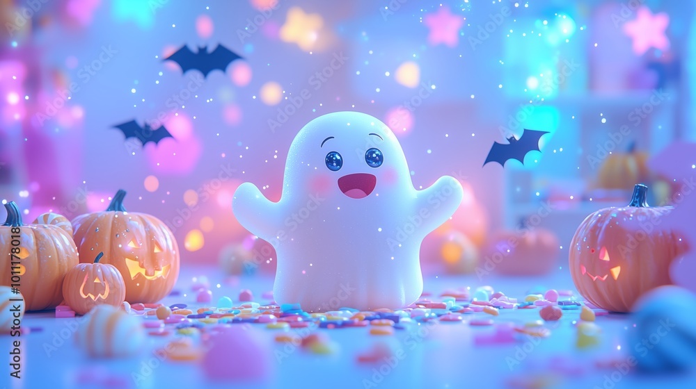 Playful Ghost Surrounded by Candy and Pumpkins Playful Ghost Surrounded by Candy and Pumpkins
