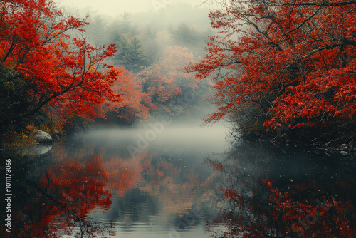 serene red leaved forest reflects beautifully in calm waters of foggy morning. vibrant colors create dreamy atmosphere, inviting tranquility and peace