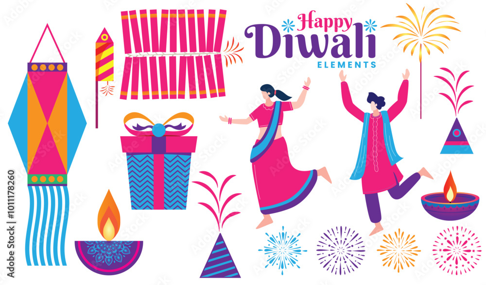 Happy Diwali Celebration Elements with Firecrackers, Lanterns, and Dancing Figures Illustration Happy Diwali Celebration Elements with Firecrackers, Lanterns, and Dancing Figures Illustration