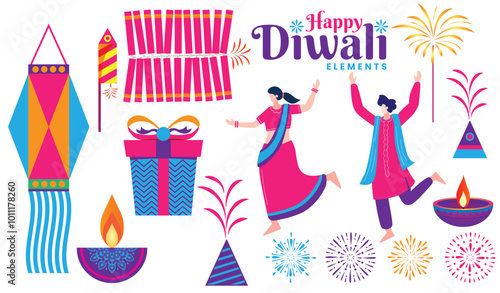 Happy Diwali Celebration Elements with Firecrackers, Lanterns, and Dancing Figures Illustration