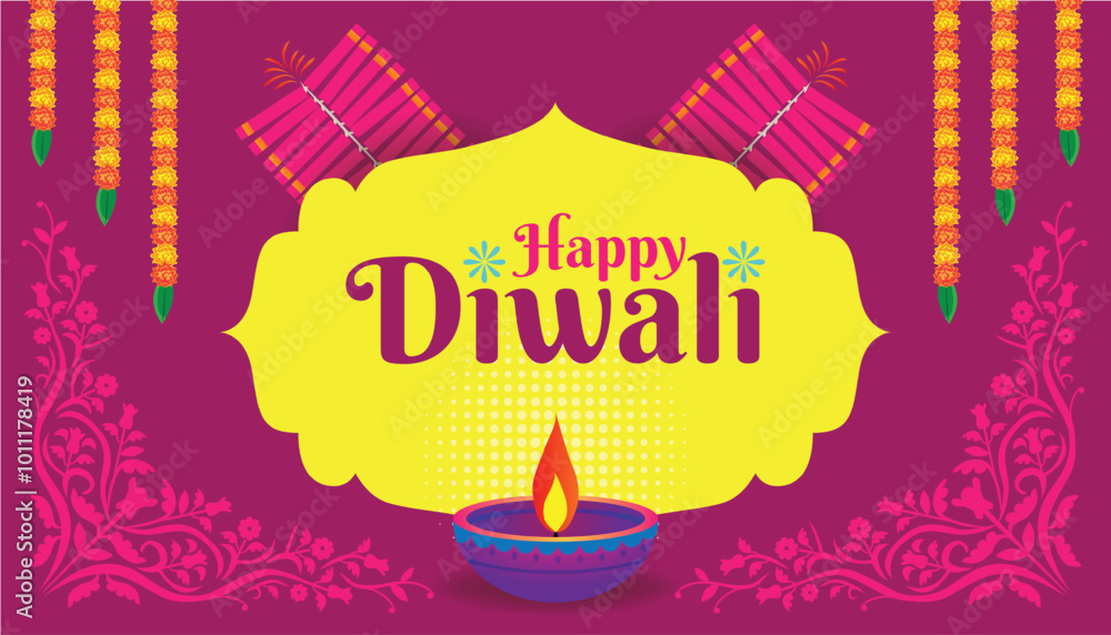 Colorful Happy Diwali Greeting Card with Diya and Firecrackers in Festive Design Background Colorful Happy Diwali Greeting Card with Diya and Firecrackers in Festive Design Background