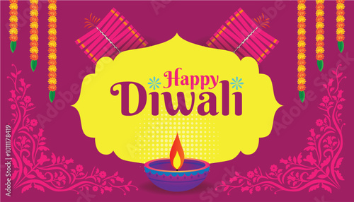 Colorful Happy Diwali Greeting Card with Diya and Firecrackers in Festive Design Background