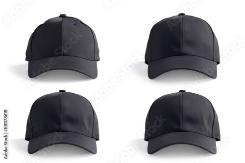 Cap Design. Black Baseball Cap Mock Up in Four Angles Views on White Background