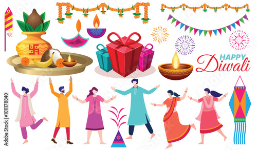 Happy Diwali Elements with Traditional Gifts, Diyas, Fireworks, and Dancing Figures Illustration