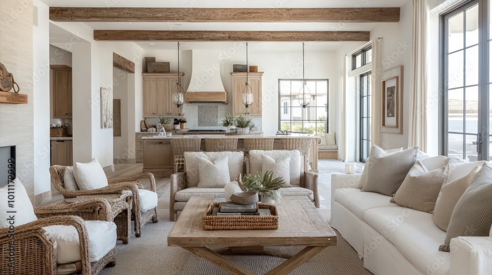 Casual living family room with a coastal design. The space includes soft neutral wood beams and fabric chairs around a striking coffee table, creating a fresh and inviting atmosphere. Casual living family room with a coastal design. The space includes soft neutral wood beams and fabric chairs around a striking coffee table, creating a fresh and inviting atmosphere.