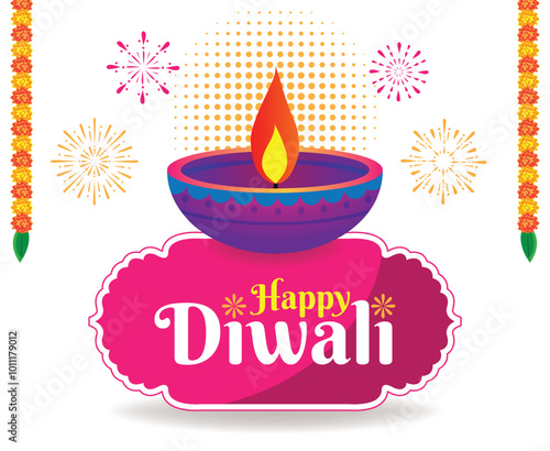 Colorful Diwali Greeting with Diya and Fireworks in Festive Design for Indian Festival Celebration