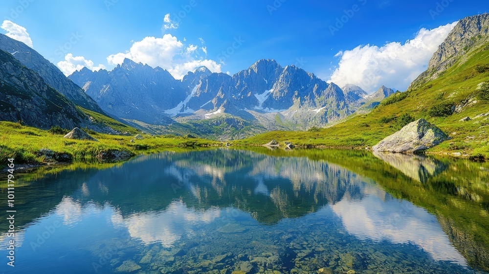 Fototapeta premium Breathtaking mountain landscape reflecting in a serene lake under a clear blue sky, showcasing nature's stunning beauty.