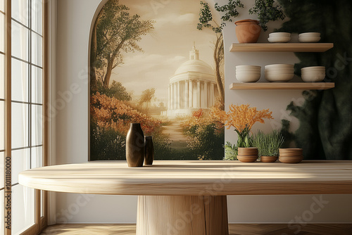 Blank frames stand out attractively in a modern living room with a countryside scene. 3D rendering