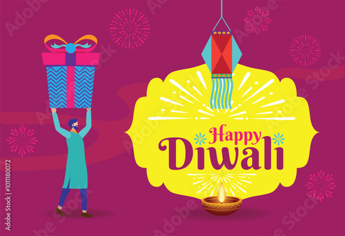 Happy Diwali Greeting with Man Holding Gift, Lantern, and Diyas on Bright Pink Background