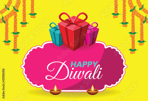 Happy Diwali Greeting with Colorful Gifts, Marigold Garlands, and Diyas on Bright Background