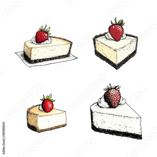 Set of cheesecake slices with strawberry topping, hand-drawn illustration