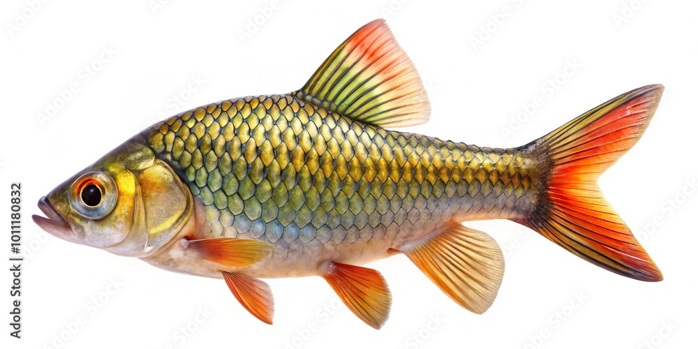 Fototapeta premium Vibrant Barb Fish Isolated on White Background - Closeup Side View for Graphic Design Projects and Creative Use