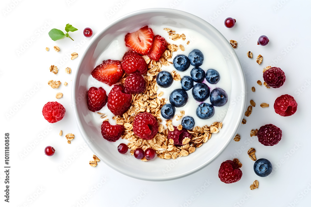 op view plate of healthy breakfast with granola, greek yogurt, fruits and berry on white background op view plate of healthy breakfast with granola, greek yogurt, fruits and berry on white background