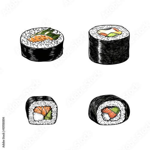 Set of sushi rolls with fish and vegetables, hand-drawn illustration