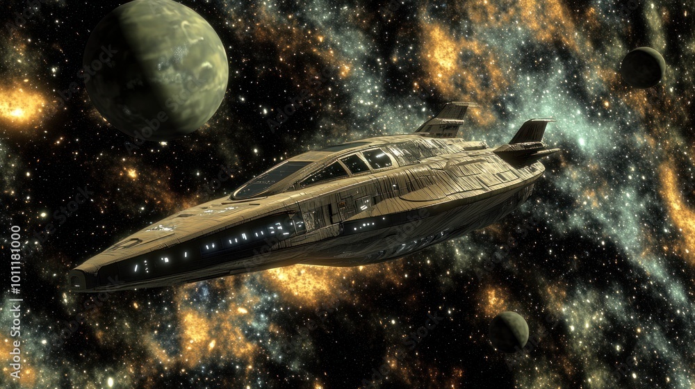 A 3D digital artwork of a sci-fi spaceship flying through space, surrounded by stars and distant planets, emphasizing futuristic adventure A 3D digital artwork of a sci-fi spaceship flying through space, surrounded by stars and distant planets, emphasizing futuristic adventure