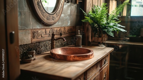 Charming rustic bathroom featuring a wooden countertop, copper sink, and lush greens for a natural touch.