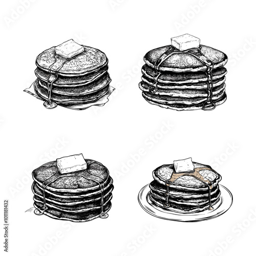 Set of pancake stacks with butter and syrup, hand-drawn illustration